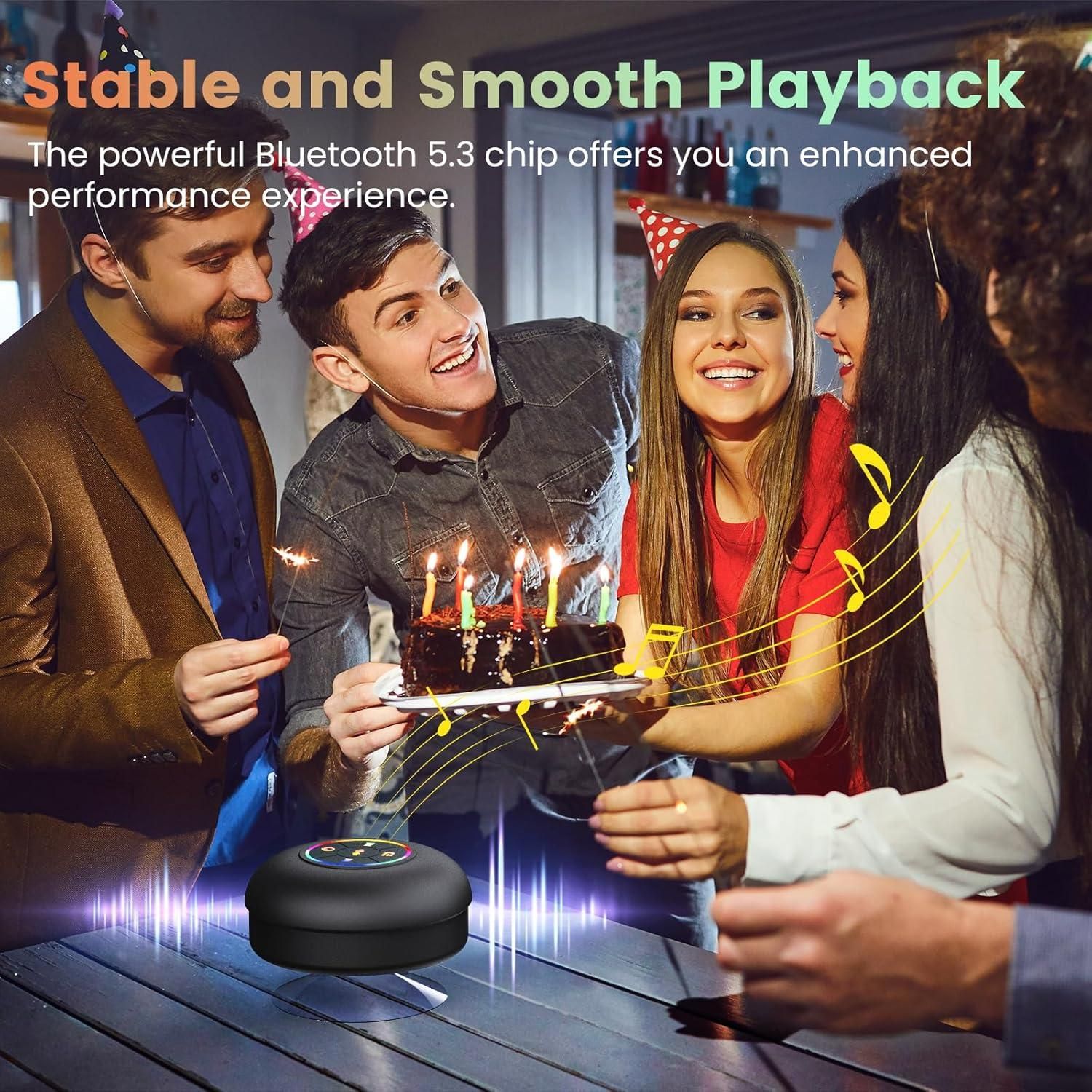 FKLBBLPM Waterproof Bluetooth Speaker with Large Suction Cup, LED Lights